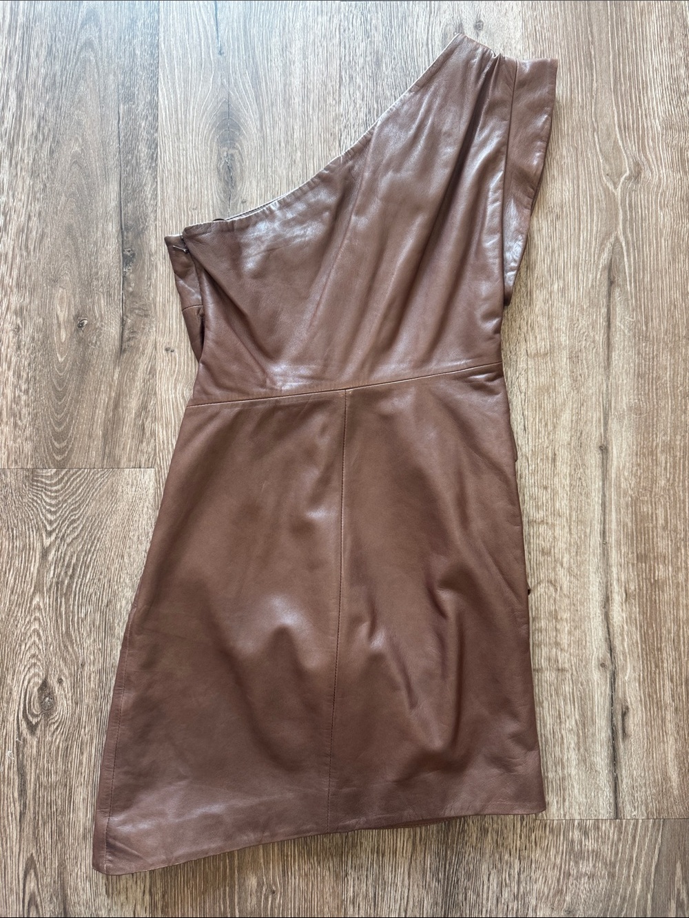 Lamarque One-Shoulder Brown Leather Mini Dress - Picture 6 of 6